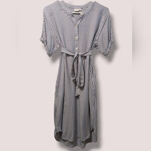 Gap Blue Striped Short Sleeve Belted Button-Up Midi Shirt Dress Preppy Nautical